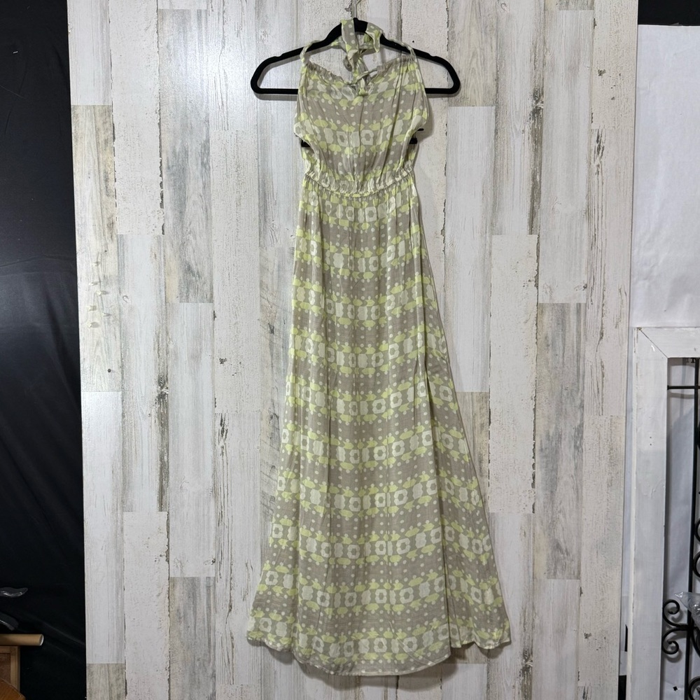 Gillia Backless Halter Style Lightweight Maxi Dress - Green and Cream